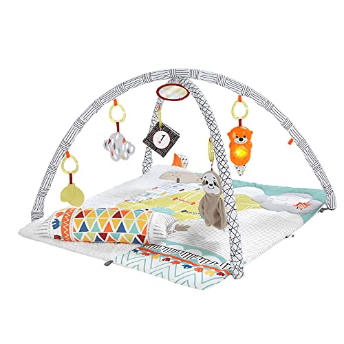 Fisher-Price HBB74 - 5 Sinnes Baby Spieldecke, kuschelig weiche Krabbeldecke mit Sensorik Spielzeug, sechs abnehmbare Beschäftigungsspielzeuge, Babyaustattung ab der Geburt