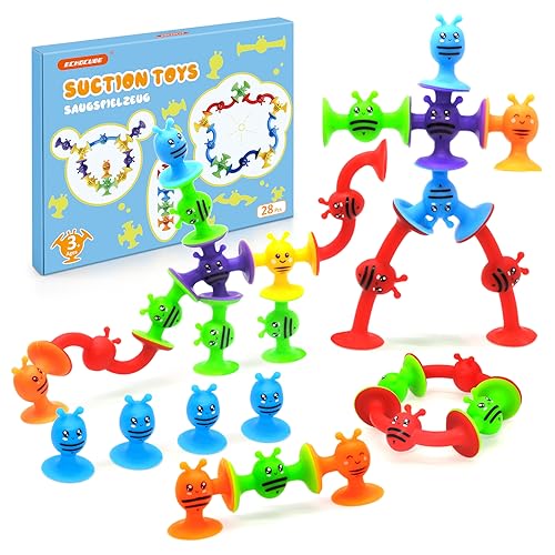 ECHOCUBE Saugspielzeug, 28 Stück Silikon Saugnapf Badespielzeug für Kinder ab 3 Jahren, sensorisches Saugspielzeug, Stressabbau-Spielzeug, Reisespielzeug für Kleinkinder und Erwachsene